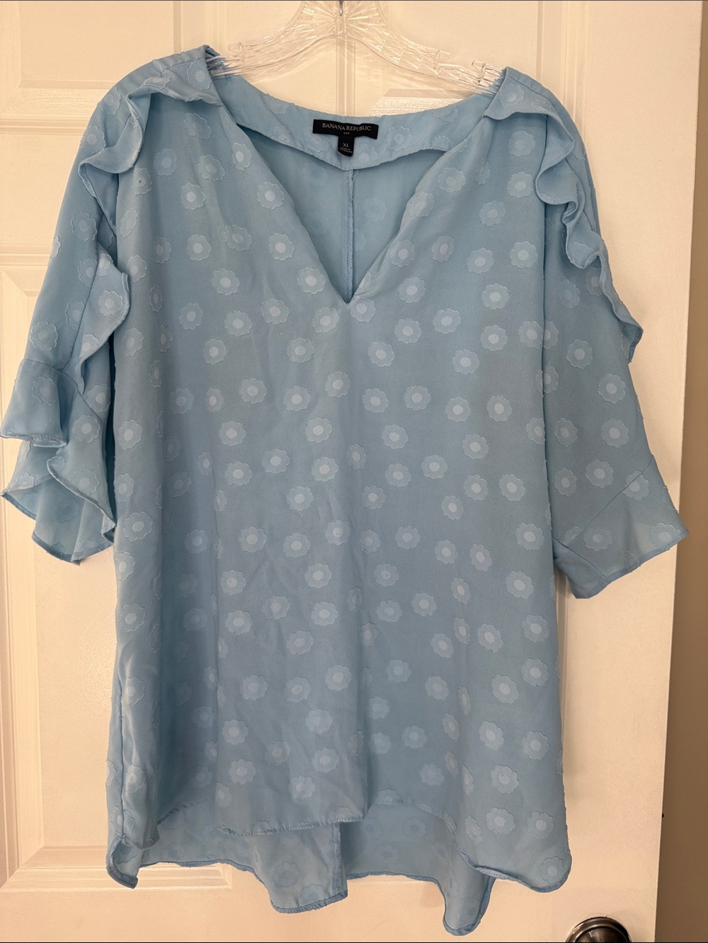 Banana Republic Powder Blue Floral Jacquard Ruffle Sleeve Blouse